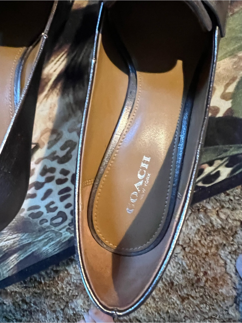 COACH Metallic Silver Calf Leather Pointed Loafers with Coach Plate Accent - Picture 3 of 4